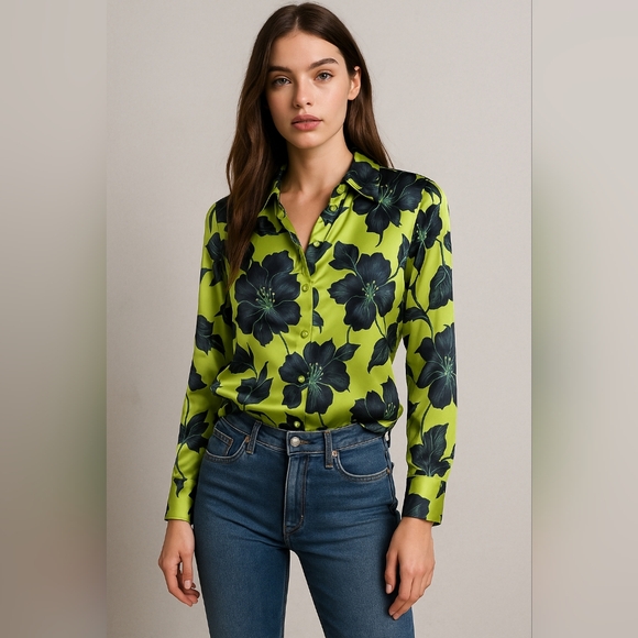 Bailey 44 Tops - Bailey 44 Chartreuse &  Black Satin Button Down Blouse L Large